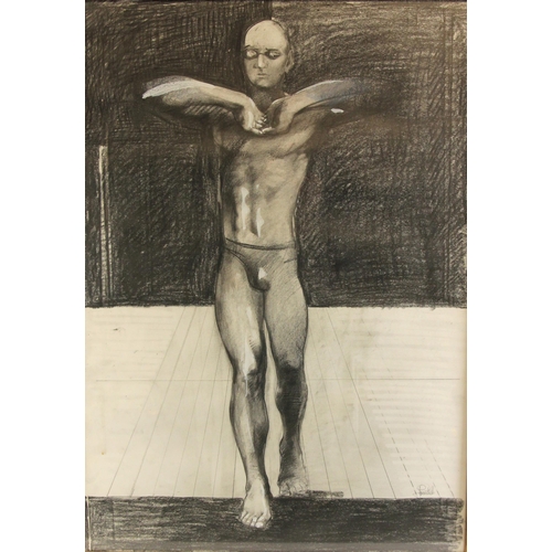 29 - John W Mills (1933-2023), 
'Swimmer', 
Charcoal and wash,  
Signed, 
Dated verso '1994',  
83cm x 60... 