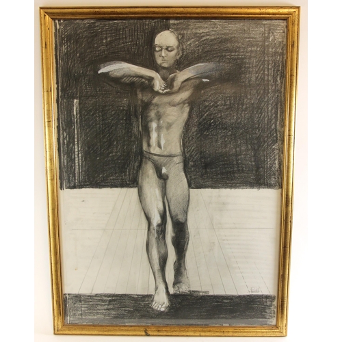 29 - John W Mills (1933-2023), 
'Swimmer', 
Charcoal and wash,  
Signed, 
Dated verso '1994',  
83cm x 60... 