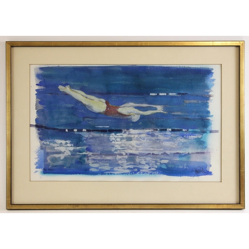 31 - John W. Mills (1933-2023),  
'Diving Start'  
Watercolour on paper,  
Signed and dated '90',  
30cm ... 