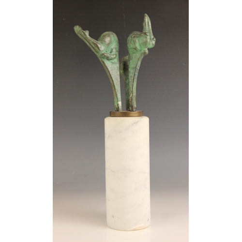 2 - John W Mills (1933-2023),   
Three divers in motion,   
Patinated bronze on tall white marble column... 