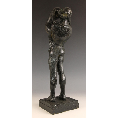 43 - John W Mills (1933-2023),   
Dancing couple, girl raised,   
Patinated resin on integral square base... 