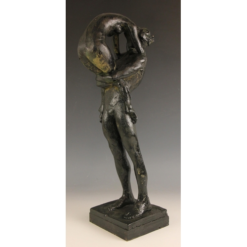 43 - John W Mills (1933-2023),   
Dancing couple, girl raised,   
Patinated resin on integral square base... 