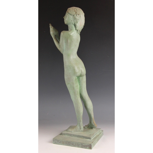 58 - John W Mills (1933-2023),   
Dancer – leaning female figure,     
Patinated resin on stepped base,  ... 