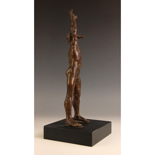 100 - John W Mills (1933-2023),   
‘Shot Putter’,   
Patinated bronze on square slate base,   
38cm high o... 