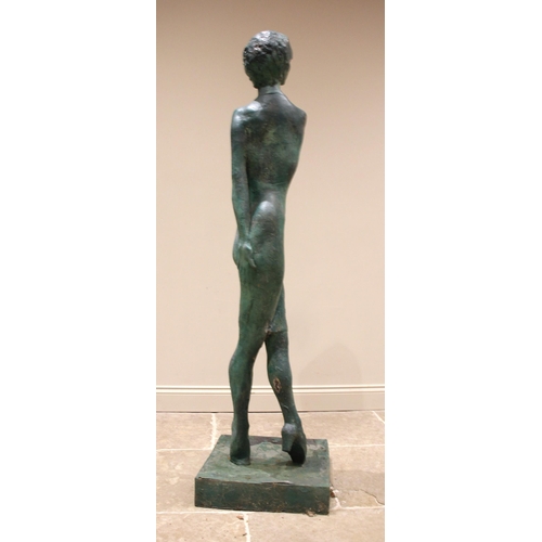 122 - John W Mills (1933-2023),   
'Irma La Douce', standing female, crossed legs,  
Patinated resin on sq... 