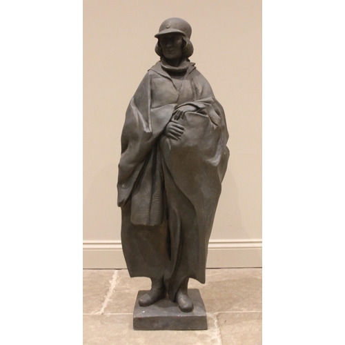 128 - John W Mills (1933-2023),   
Josephine Mills in cap and rain cape,   
Patinated resin on square base... 