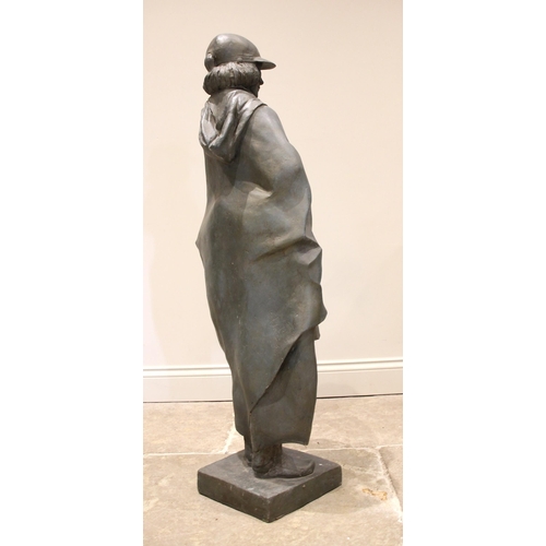 128 - John W Mills (1933-2023),   
Josephine Mills in cap and rain cape,   
Patinated resin on square base... 