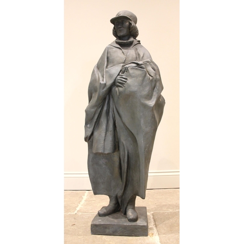 128 - John W Mills (1933-2023),   
Josephine Mills in cap and rain cape,   
Patinated resin on square base... 