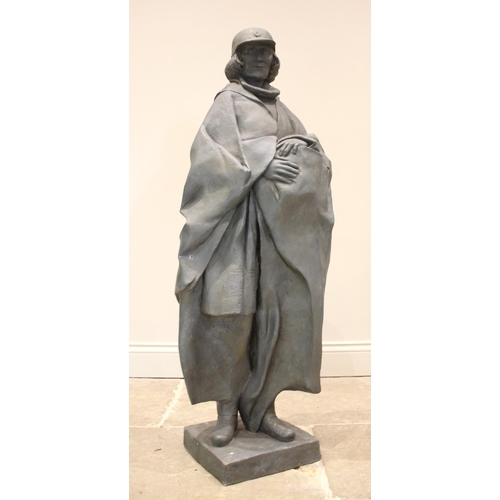 128 - John W Mills (1933-2023),   
Josephine Mills in cap and rain cape,   
Patinated resin on square base... 