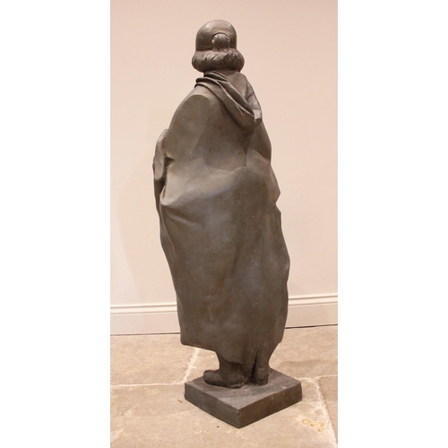 128 - John W Mills (1933-2023),   
Josephine Mills in cap and rain cape,   
Patinated resin on square base... 