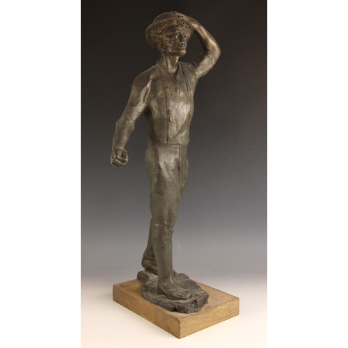 136 - John W Mills (1933-2023),  
Injured Tommy (hand on helmet),  
Patinated resin on wooden base,  
68cm... 