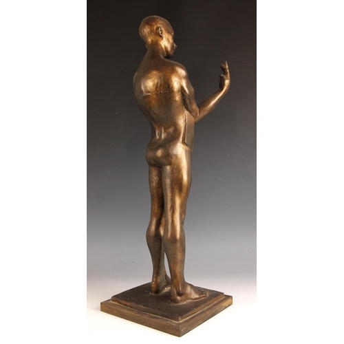 144 - John W Mills (1933-2023),  
Stylised male figure with hands raised,  
Patinated resin on integral st... 