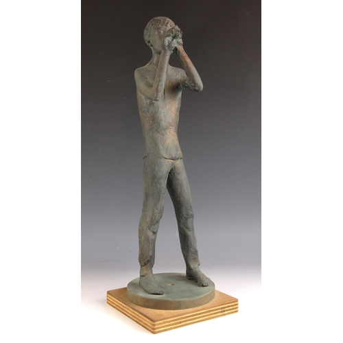 146 - John W Mills (1933-2023),  
Boy with raised hands together,  
Patinated resin on wooden base,  
53cm... 