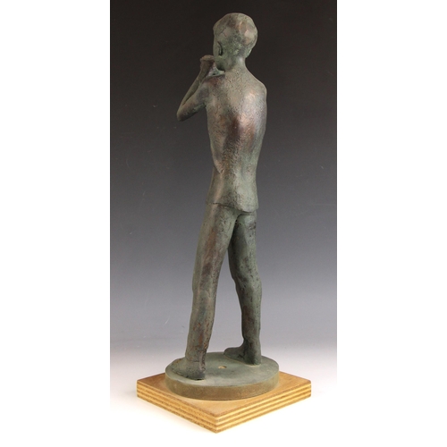 146 - John W Mills (1933-2023),  
Boy with raised hands together,  
Patinated resin on wooden base,  
53cm... 