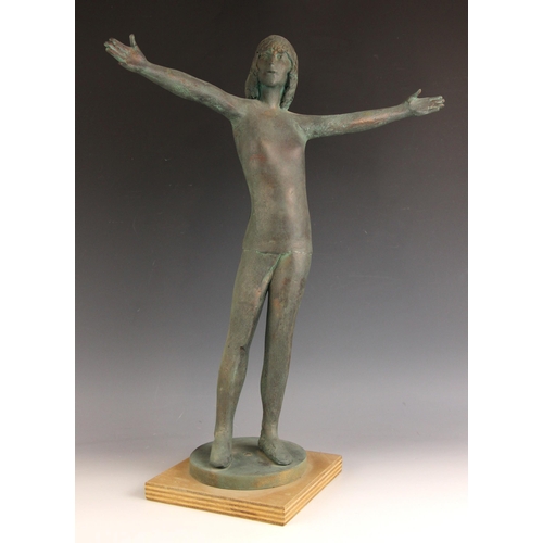 154 - John W Mills (1933-2023),  
Girl with arms outstretched,  
Patinated resin on wooden base,  
62.5cm ... 