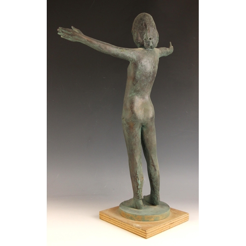 154 - John W Mills (1933-2023),  
Girl with arms outstretched,  
Patinated resin on wooden base,  
62.5cm ... 