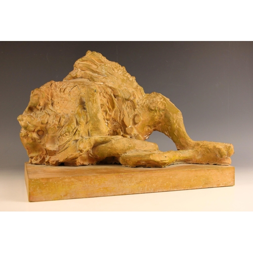 447 - John W Mills (1933-2023),   
‘Rolling Lion’,   
Painted bronze on rectangular base,   
Handwritten s... 