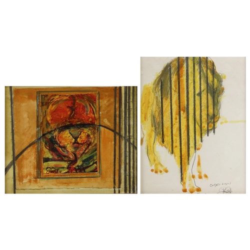 480 - John W. Mills (1933-2023) 
Two studies of lions,  
'Caged lion' and 'Cage'  
Watercolour and mixed m... 