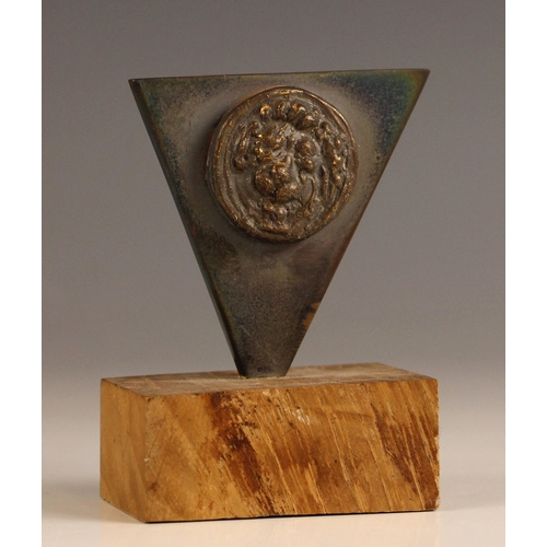 499 - John W. Mills (1933-2023),   
Lion's mask plaque on triangular mount,  
Patinated bronze on wooden b... 