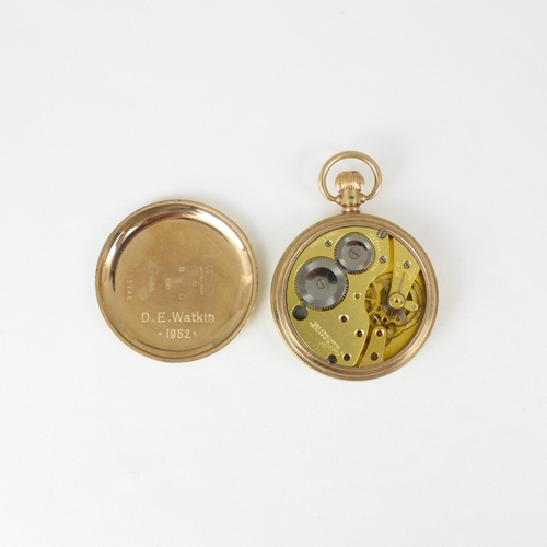 135 - A mid 20th century 9ct open faced H Samuel pocket watch, the circular white enamel dial with Roman n... 