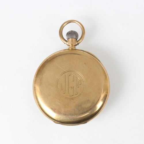 140 - A 9ct 'JW Benson, London' open faced pocket watch, the circular white enamel dial with Roman numeral... 