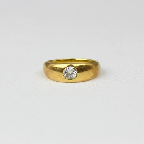 178 - A 19th century diamond ring, the old cut diamond within rubover yellow metal gypsy style tapered ban... 