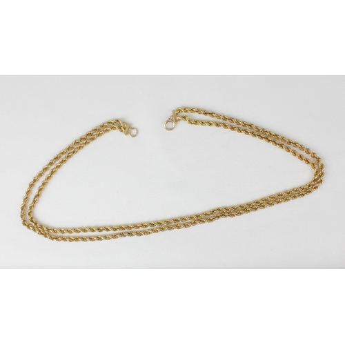 338 - A yellow metal double strand necklace, the rope twist necklace with bolt ring fastener stamped ‘9ct’... 