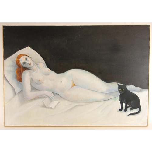 443 - Raoul Mouillard (French, contemporary),  
'Le Nu Au Chat Noir' [Nude With Black Cat],  
Acrylic on c... 