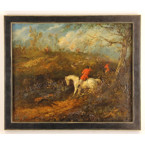 444 - Manner of Heywood Hardy (British, 1842-1933),  
A hunting scene with running fox,  
Oil on panel,  
... 