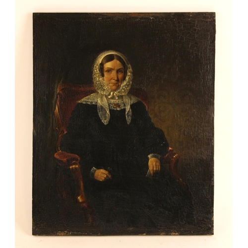 445 - English school (19th century),  
A three quarter length portrait of a seated Victorian matriarch in ... 