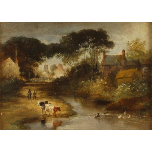 449 - English School (19th century),  
Cattle watering with village beyond,  
Oil on panel,  
Unsigned,  
... 