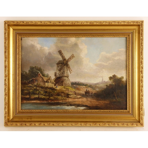 453 - Dutch School (19th century),  
Landscape with windmill and cart,  
Oil on board,  
Unsigned,  
22cm ... 