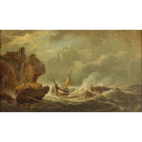 454 - English School (19th century),  
Shipwreck on a stormy sea,  
Oil on board,  
Unsigned,  
18cm x 30.... 