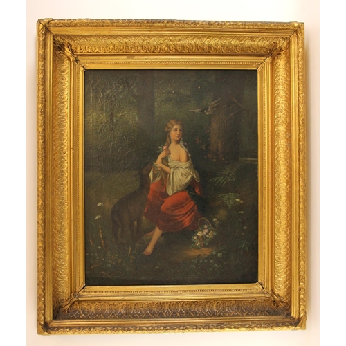 456 - English school (19th century),  
A barefoot girl feeding a deer in a forest glade,  
Oil on canvas, ... 