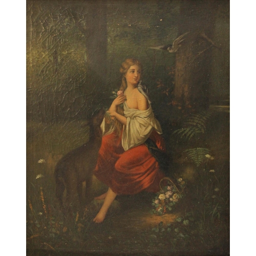 456 - English school (19th century),  
A barefoot girl feeding a deer in a forest glade,  
Oil on canvas, ... 