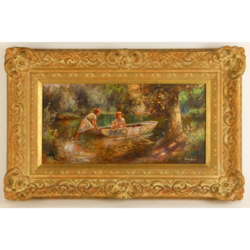 461 - Paul Attfield (British, b.1950),  
A river scene with children playing in a rowing boat,  
Oil on bo... 