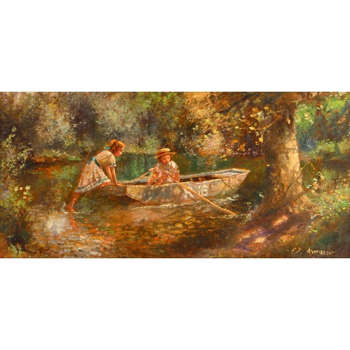 461 - Paul Attfield (British, b.1950),  
A river scene with children playing in a rowing boat,  
Oil on bo... 