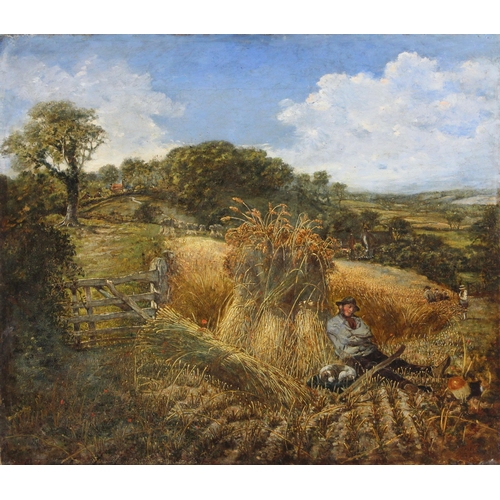 466 - English School (19th century),  
'The Corn Field, Surrey', a farmer dozing with his dog,  
Oil on ca... 