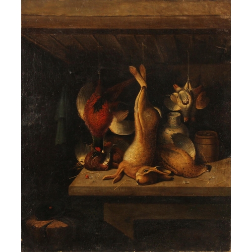 467 - Attributed to Benjamin Blake (British, 1757–1830),  
Still life with hare and game birds hanging in ... 