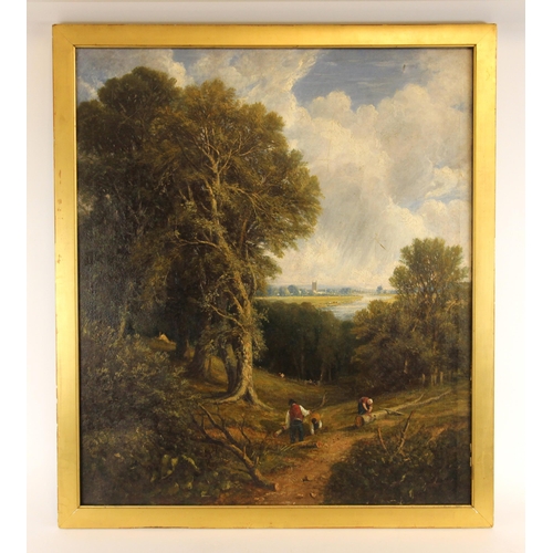 468 - Circle of John Linnell (British, 1792–1882),  
Woodcutters in a landscape with town and river beyond... 