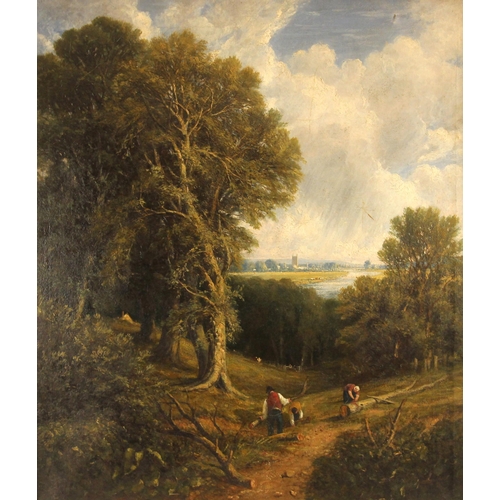 468 - Circle of John Linnell (British, 1792–1882),  
Woodcutters in a landscape with town and river beyond... 