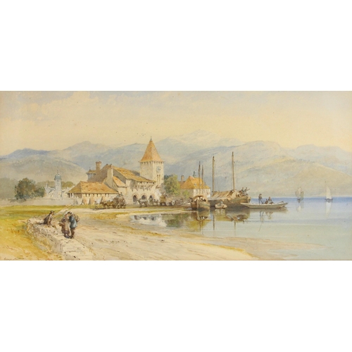 471 - George Nattress (British, fl.1866-88),  
Fishing boats unloading at a lakeside village,  
Watercolou... 