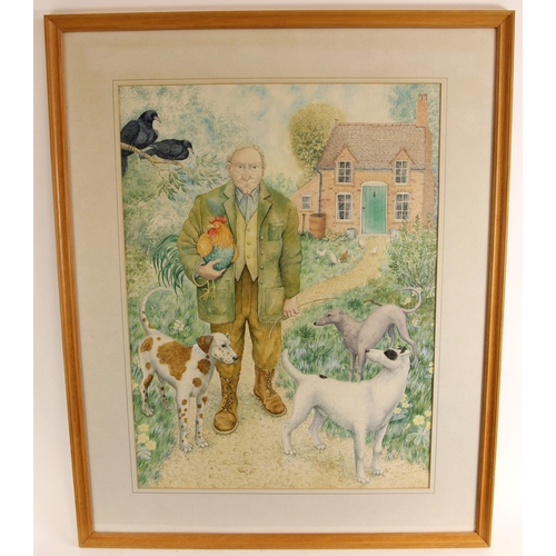 481 - English school (late 20th century),  
'Old Man', a full length portrait of an old man with dogs, bir... 