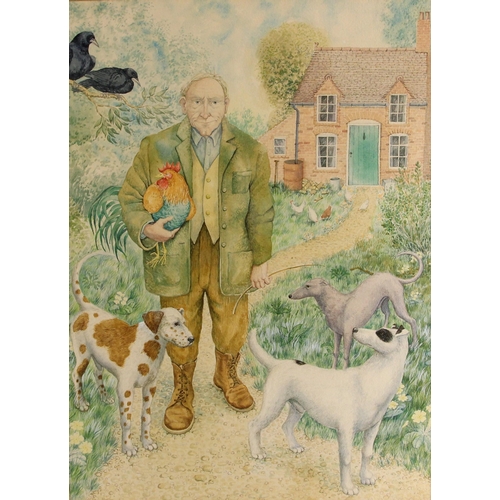 481 - English school (late 20th century),  
'Old Man', a full length portrait of an old man with dogs, bir... 