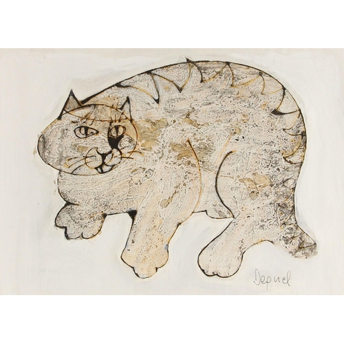 488 - Oreste Dequel (Yugoslavian, 1923-1985),  
Portrait of a crouching cat,  
Mixed media on paper,  
Sig... 