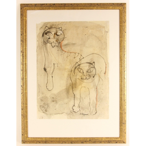 489 - Oreste Dequel (Yugoslavian, 1923-1985),  
Portrait of two cats,  
Mixed media on paper,  
Signed low... 