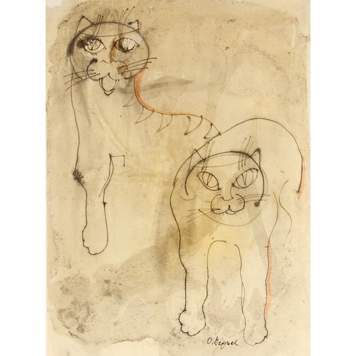 489 - Oreste Dequel (Yugoslavian, 1923-1985),  
Portrait of two cats,  
Mixed media on paper,  
Signed low... 