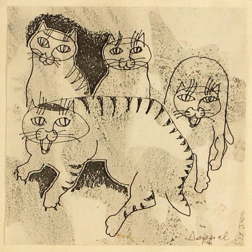 491 - Oreste Dequel (Yugoslavian, 1923-1985),  
Portrait of a family of cats,  
Pen and ink on monochrome ... 