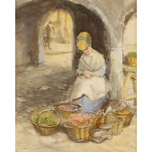 492 - John Strickland Goodall (British, 1908-1996),  
'The Fruit Seller',  
Watercolour on paper,  
Signed... 