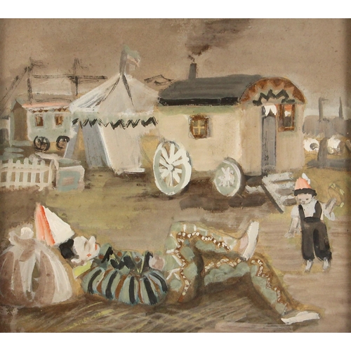 497 - Circle of Raymond Kanelba (Polish, 1897-1960),  
A sleeping clown among circus wagons,  
Mixed media... 